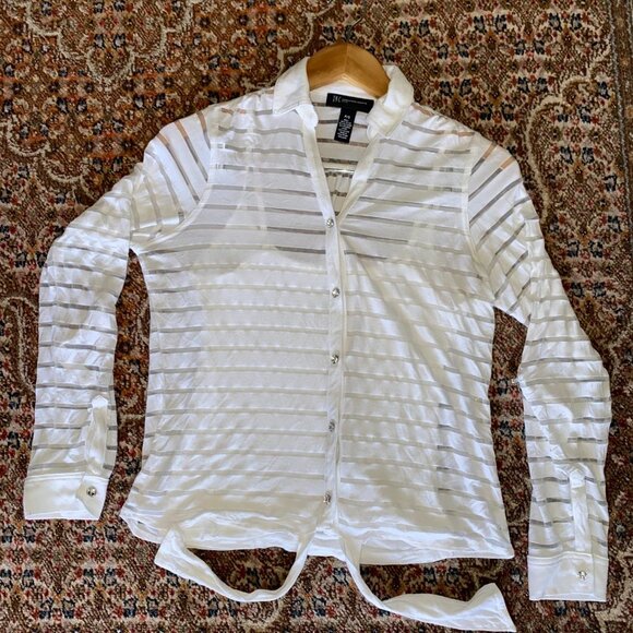 INC Shadow Stripe White Rhinestone Buttons Top w/ Spaghetti Shirt Underneath P/S - Picture 2 of 9